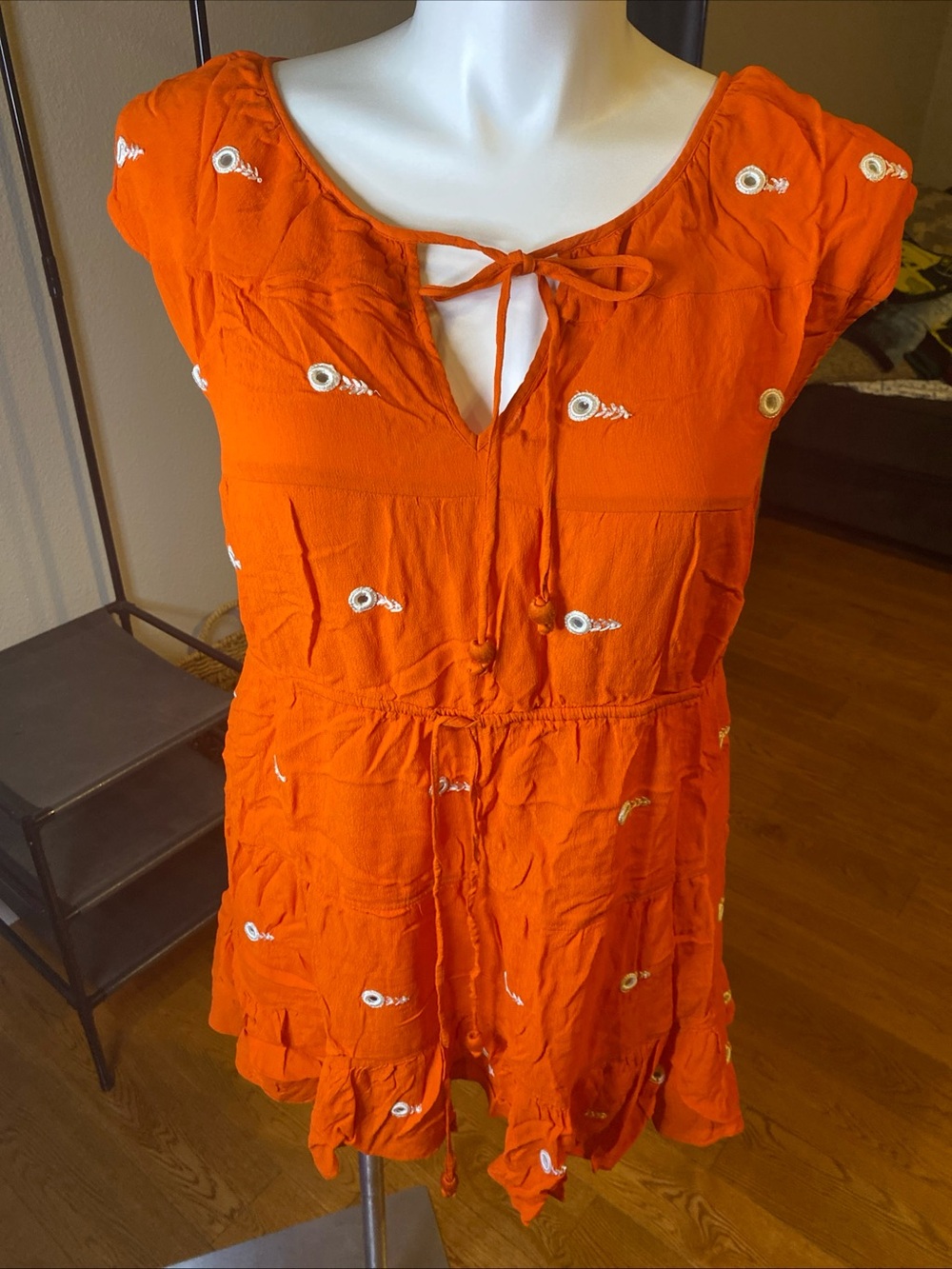 Anthropologie Leifnotes Espejo Mirror Embroidered Boho Dress Orange Sz 12 Large